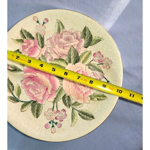 Pink Roses Plate Crackled Vintage Green Leaves Enameled 10.25''D Decorative - Picture 7 of 7